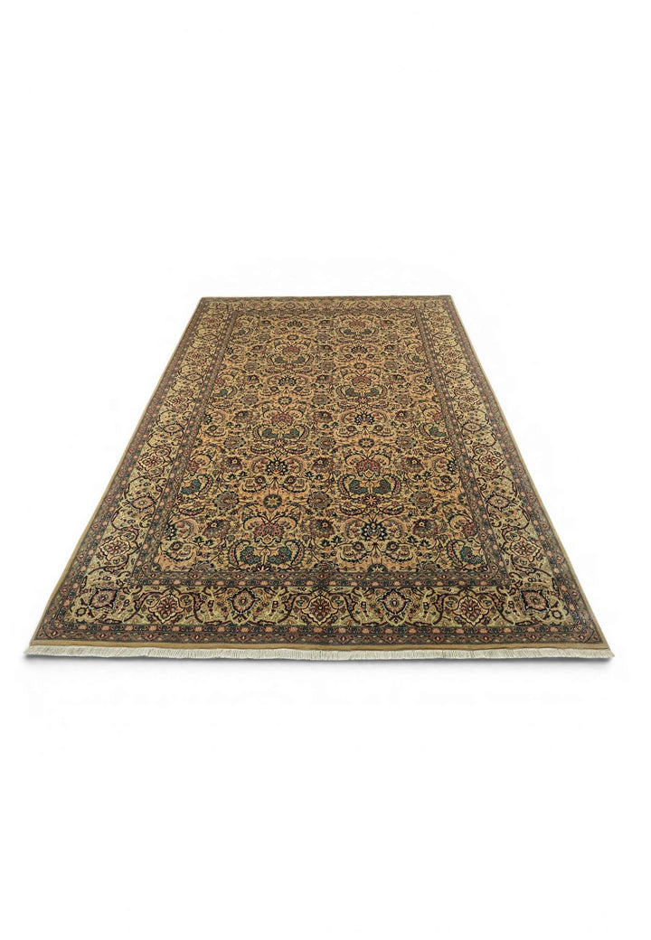 Border detail of gold teal hand-knotted double-knot rug
