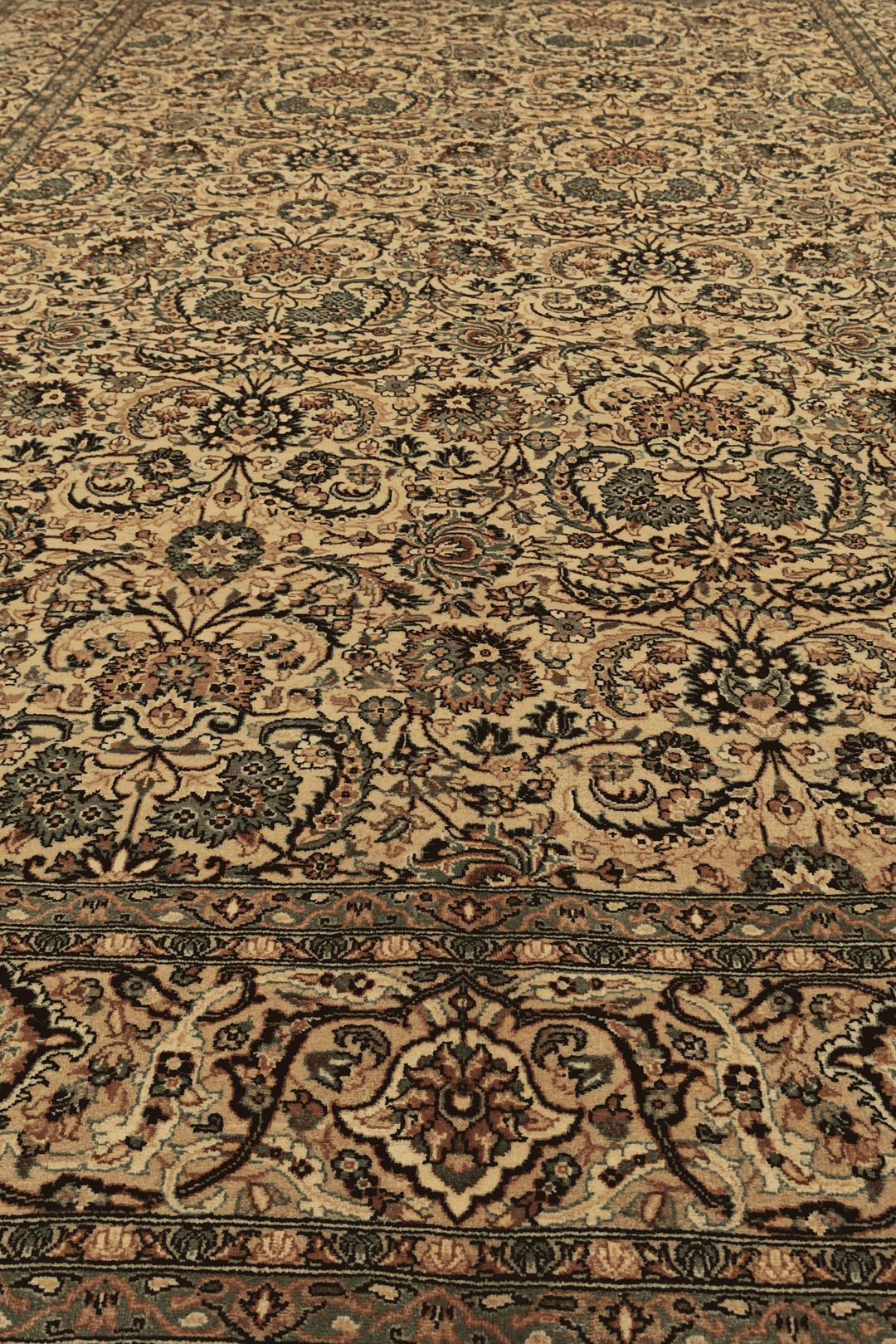 Hand-knotted gold rug with teal Afshan floral vine