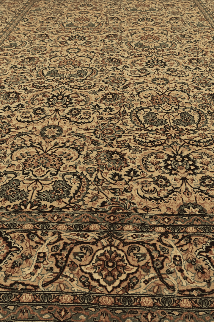 Hand-knotted gold rug with teal Afshan floral vine