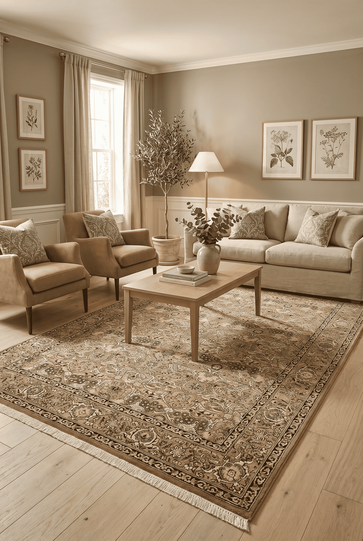 Border detail of sage gold Herati hand-knotted rug