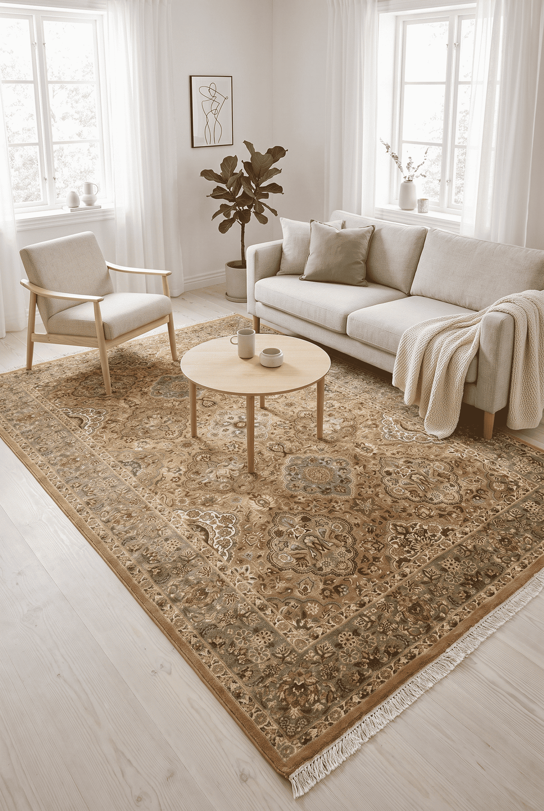 Border detail of honey sage hand-knotted double-knot rug