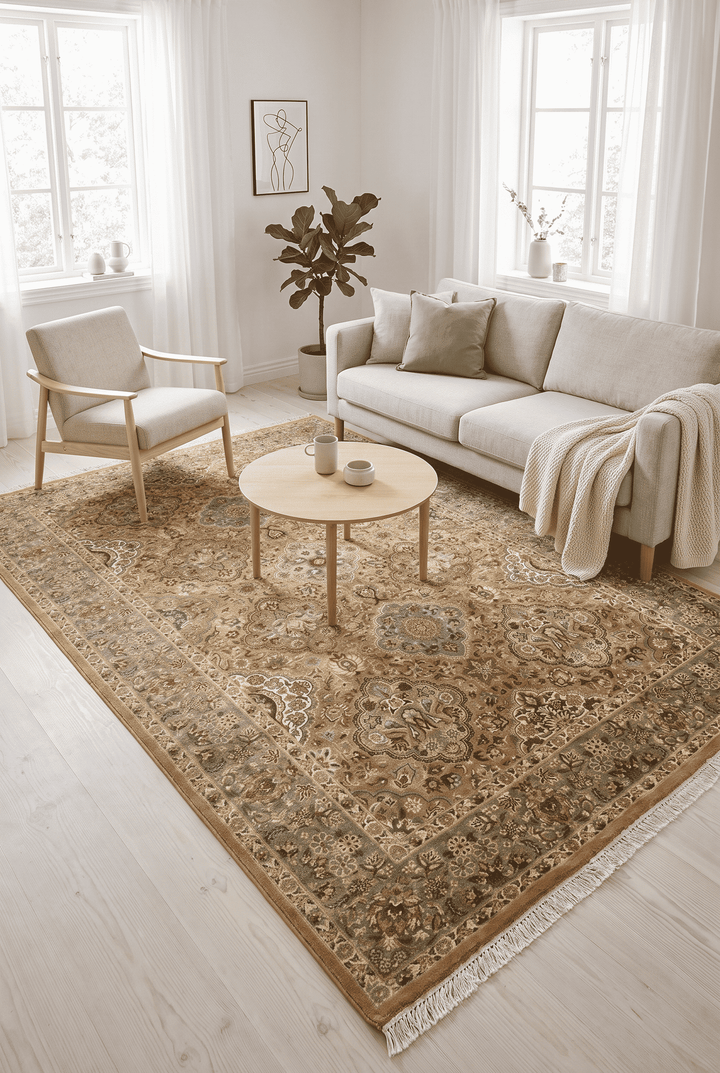 Border detail of honey sage hand-knotted double-knot rug