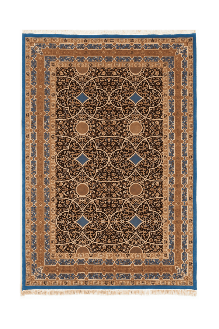Deep lapis blue arabesque lattice rug, hand-knotted Pakistani wool