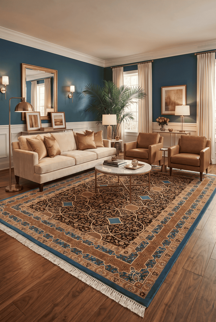 Hand-knotted wool pile of lapis arabesque rug