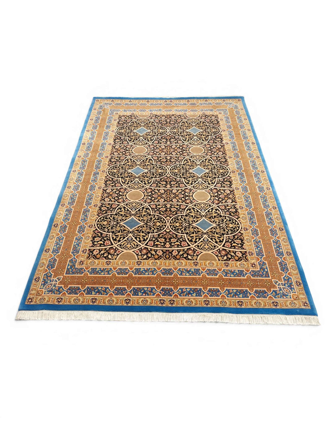 One-of-a-kind deep blue arabesque lattice Pakistani rug