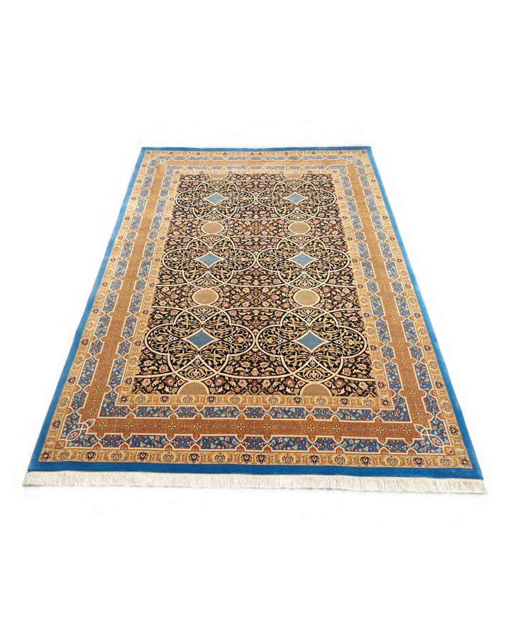 One-of-a-kind deep blue arabesque lattice Pakistani rug