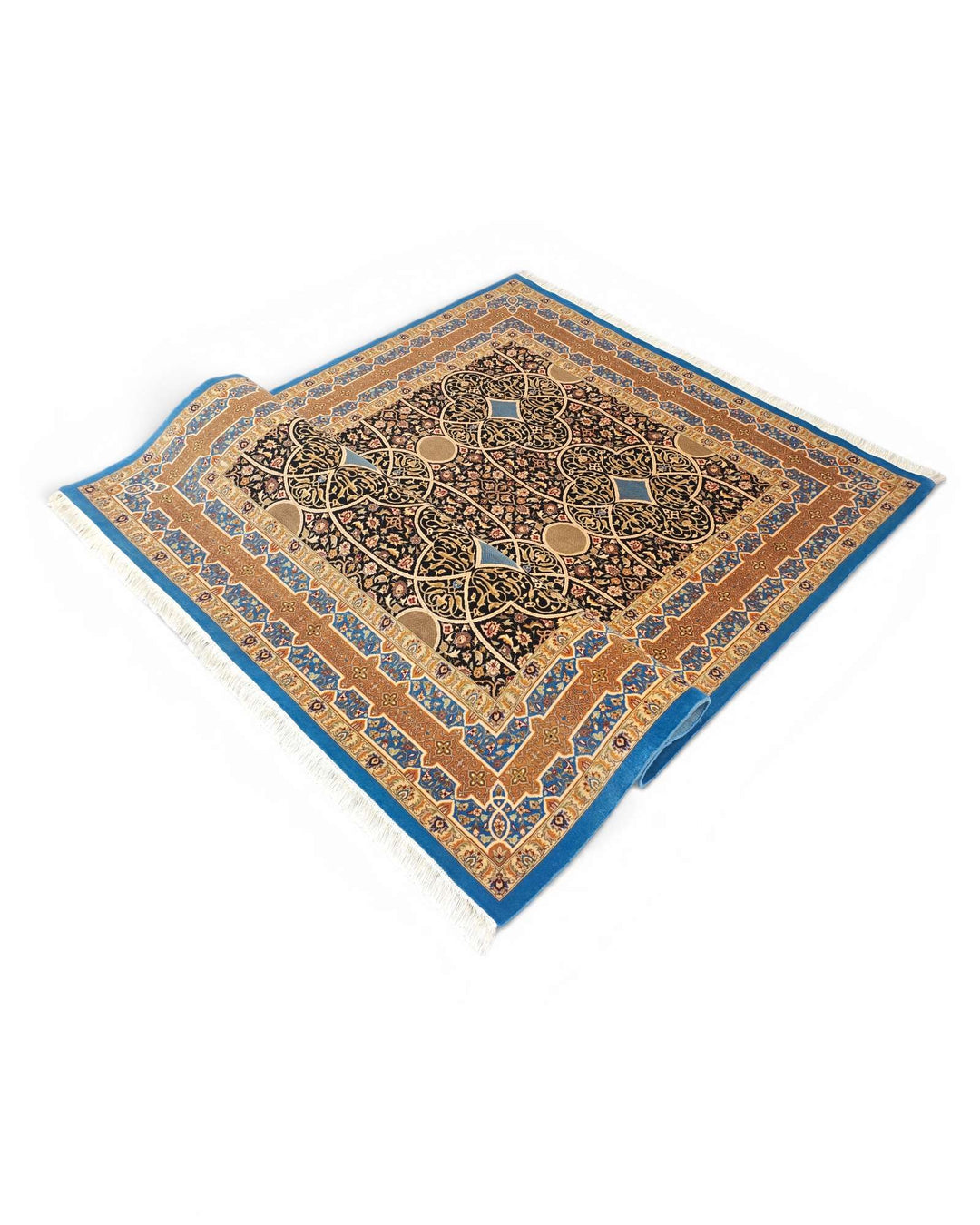 Deep blue arabesque lattice hand-knotted Pakistani rug