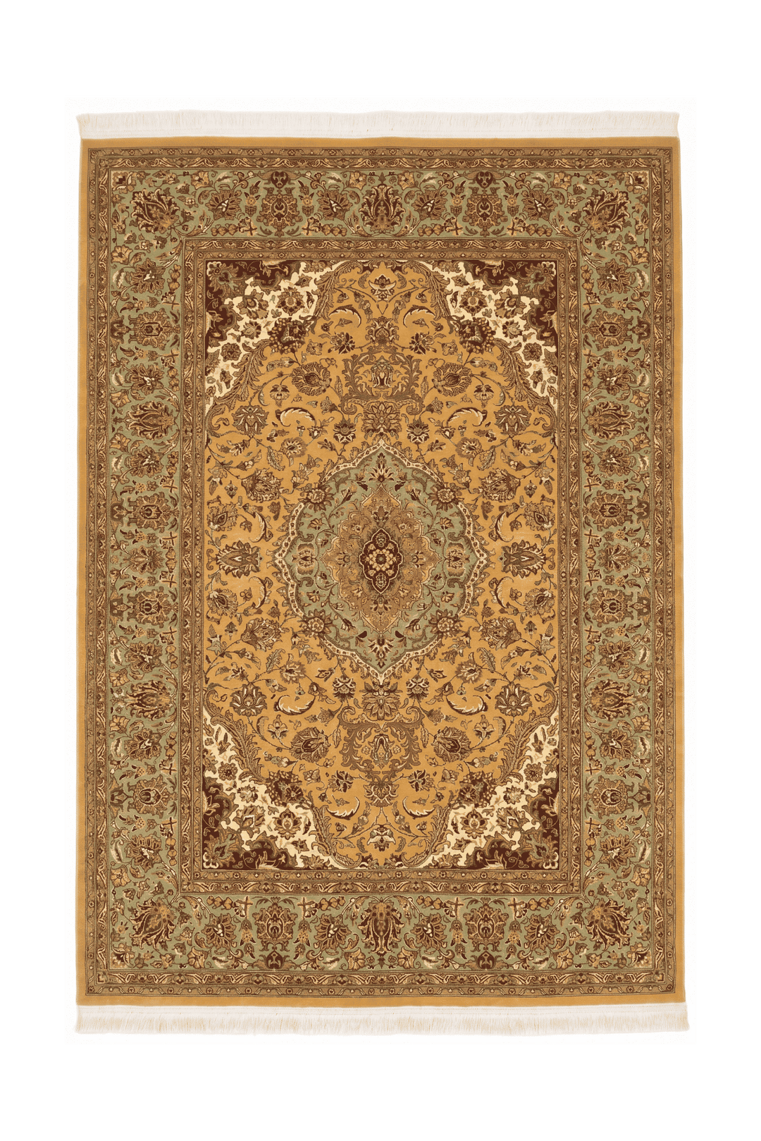 Mustard and sage medallion Tabriz rug, hand-knotted Pakistani wool