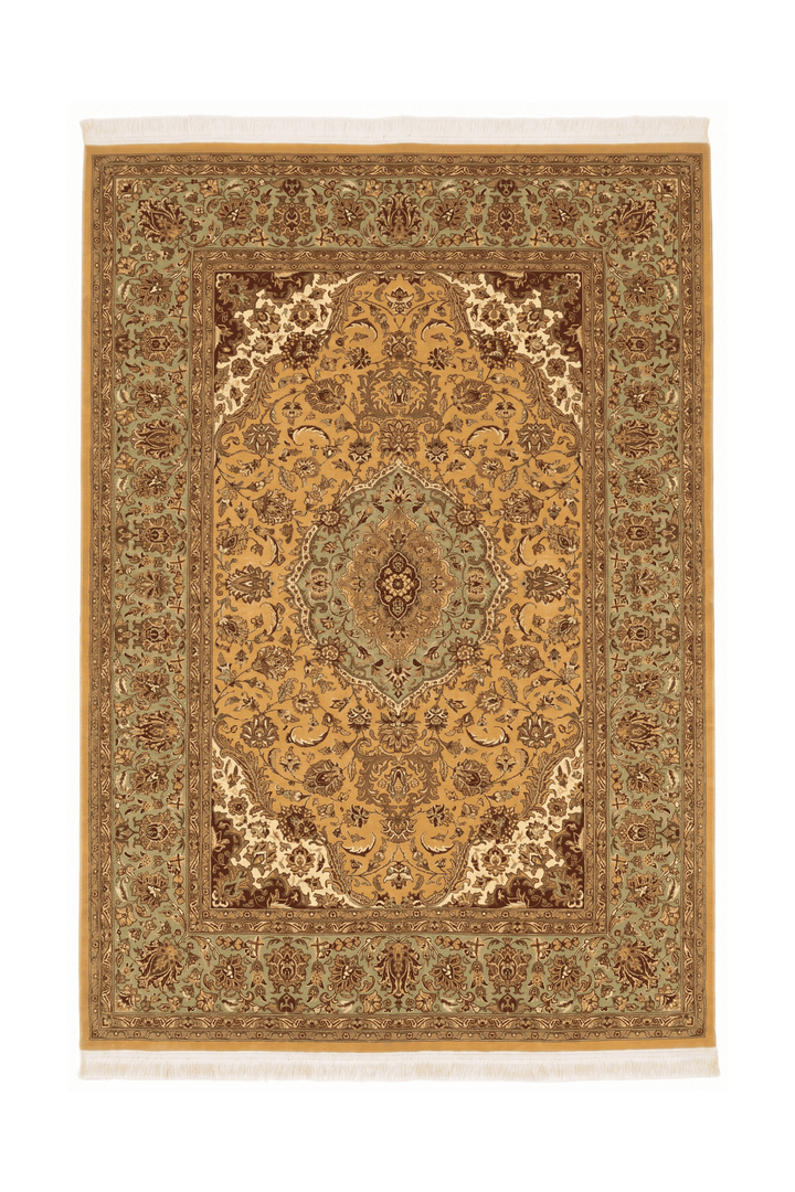 Mustard and sage medallion Tabriz rug, hand-knotted Pakistani wool