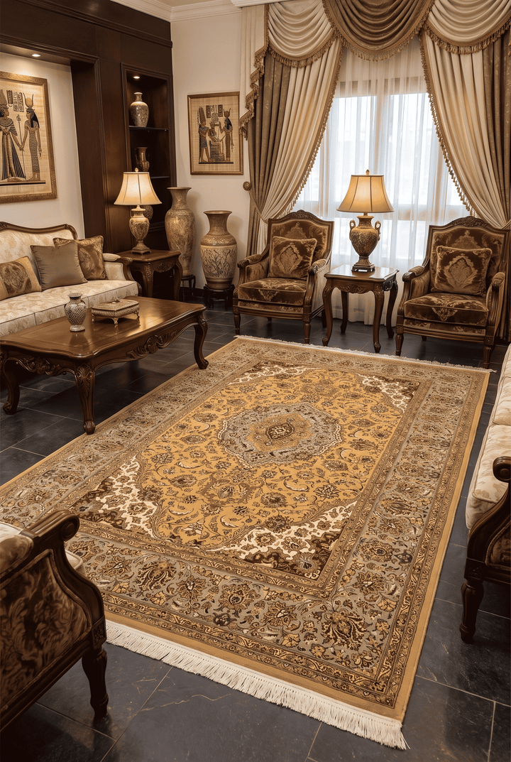 Border detail of mustard sage hand-knotted double-knot rug