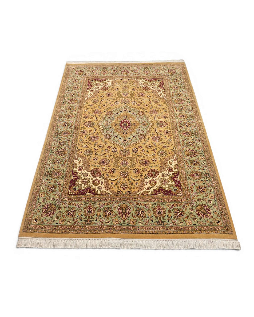 Hand-knotted wool pile of mustard sage Tabriz rug