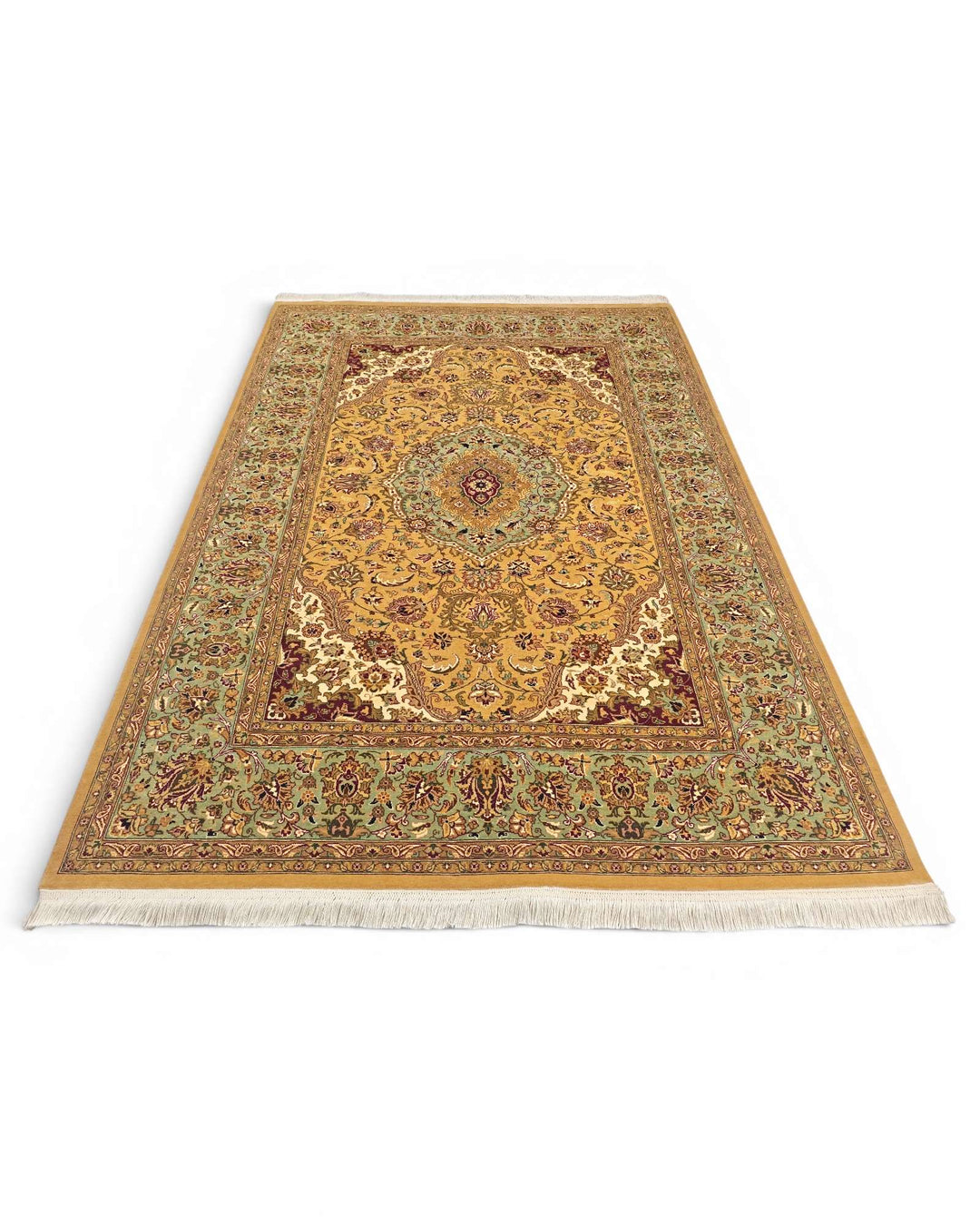Mustard sage Tabriz rug, Pakistani double-knot weave