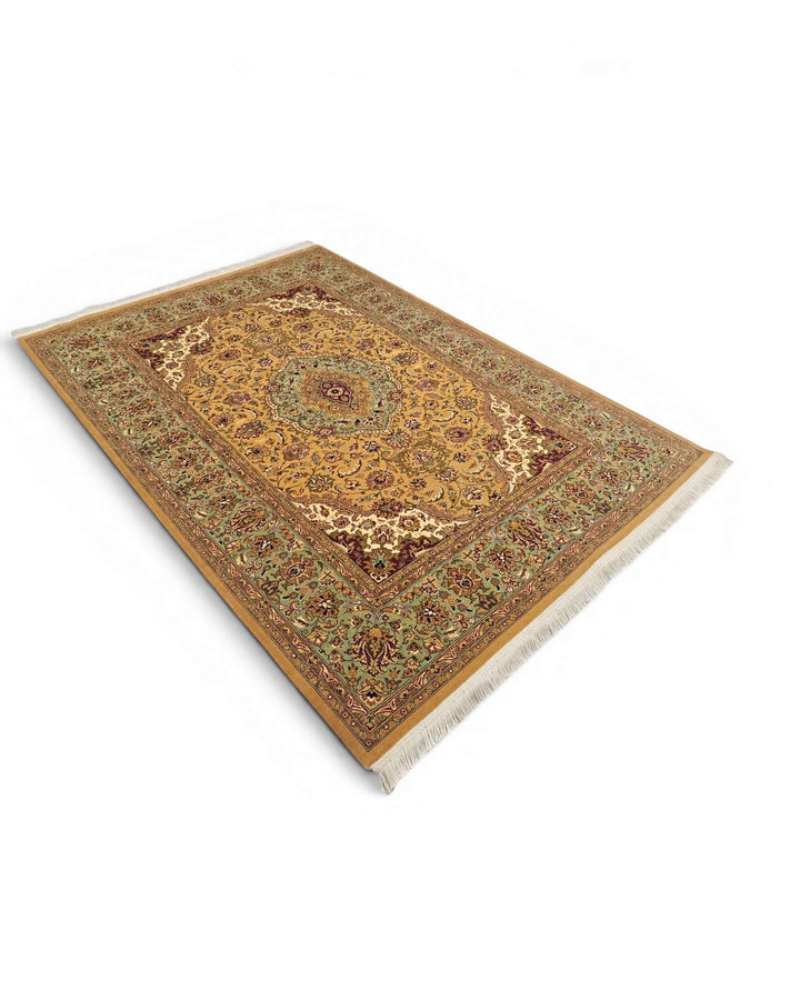 Hand-knotted mustard rug with sage Tabriz medallion