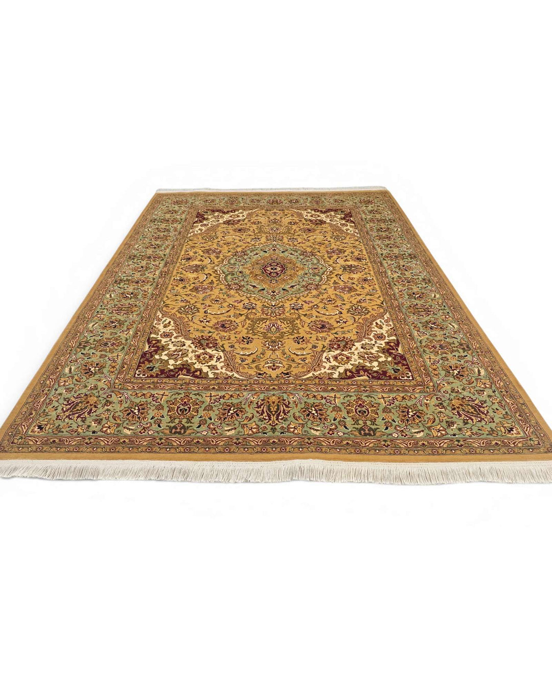 Fringe of mustard and sage Tabriz hand-knotted rug