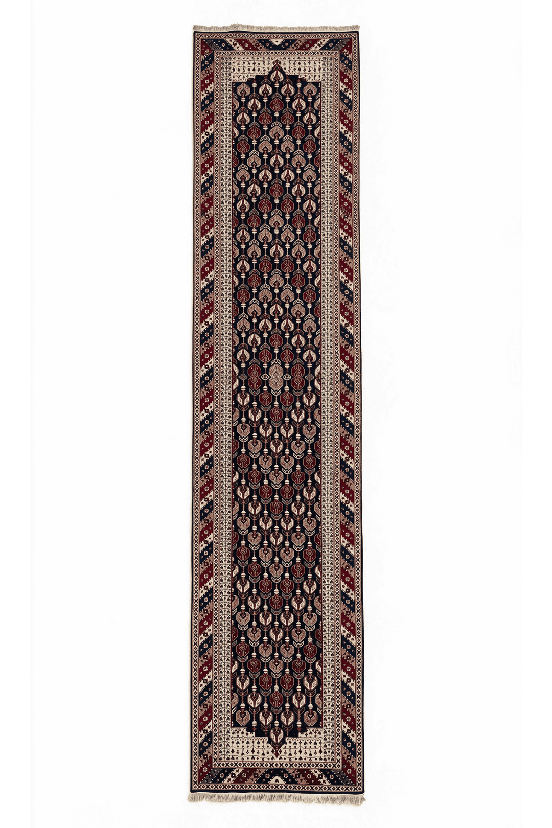 Navy and cream Hereke floral runner, 79×391cm, hand-knotted wool
