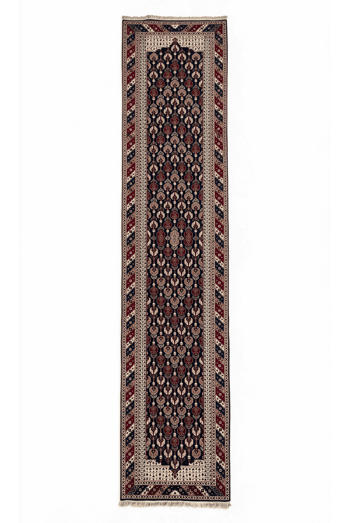 Navy and cream Hereke floral runner, 79×391cm, hand-knotted wool