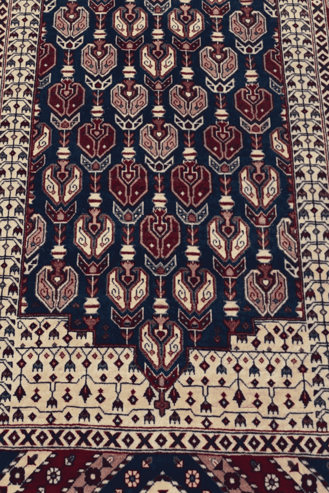 Hand-knotted navy runner with cream Hereke floral field