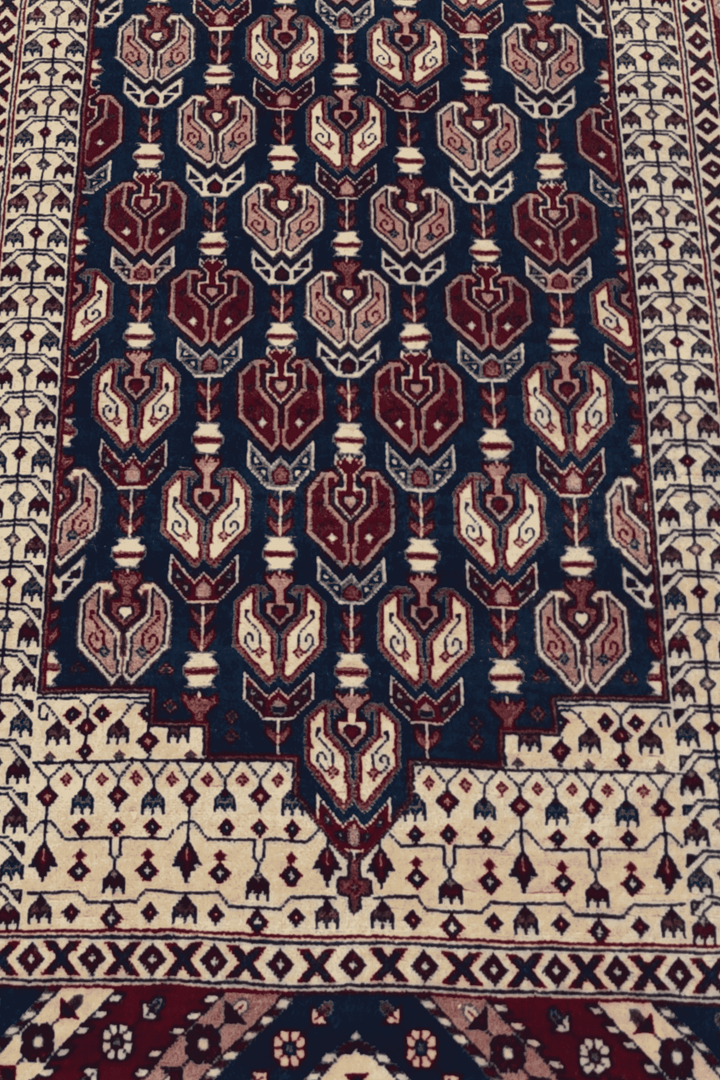 Hand-knotted navy runner with cream Hereke floral field