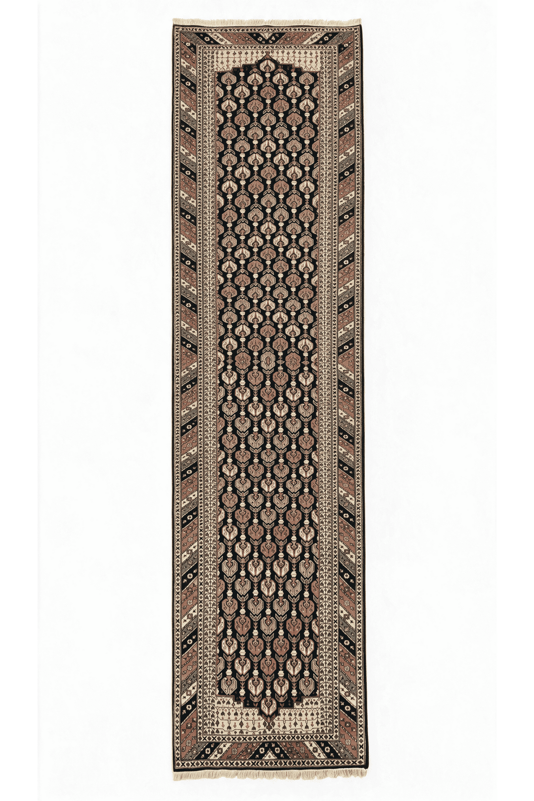 Navy and dusty rose Hereke floral runner, 81×368cm, hand-knotted wool