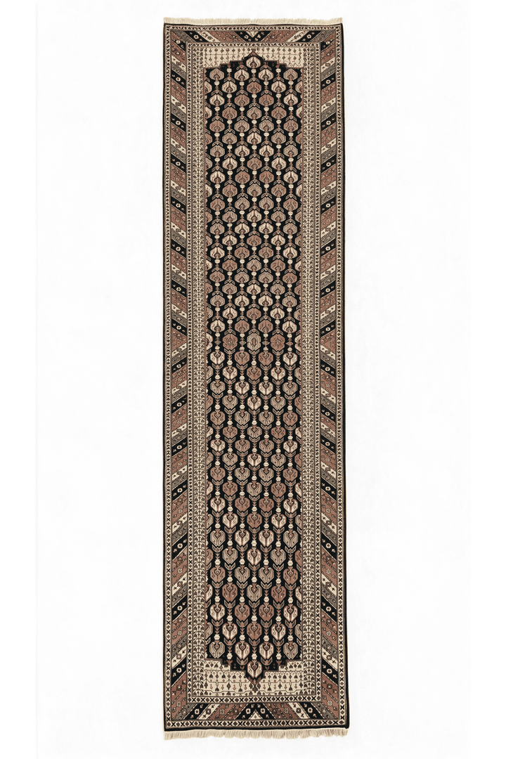 Navy and dusty rose Hereke floral runner, 81×368cm, hand-knotted wool