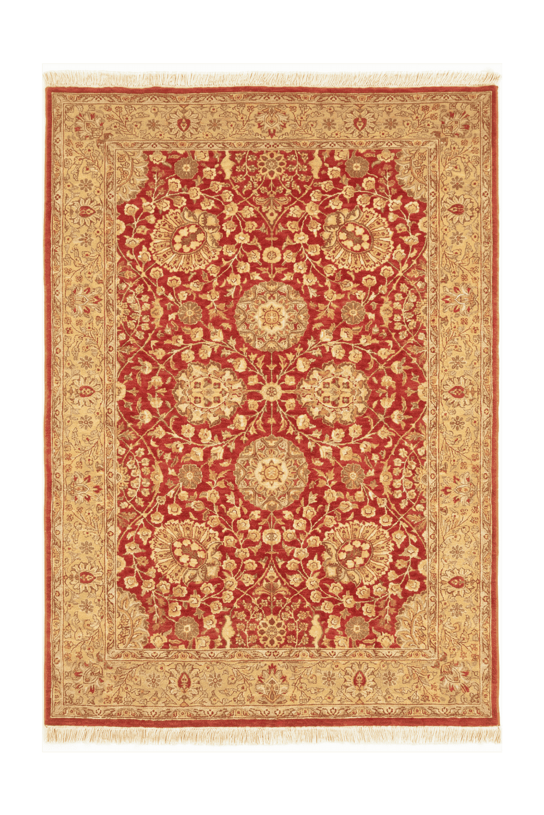 Pomegranate red and gold Tabriz floral rug, hand-knotted Pakistani wool