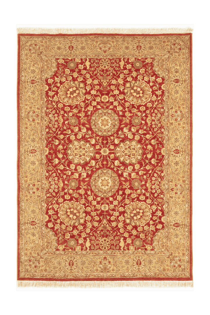 Pomegranate red and gold Tabriz floral rug, hand-knotted Pakistani wool