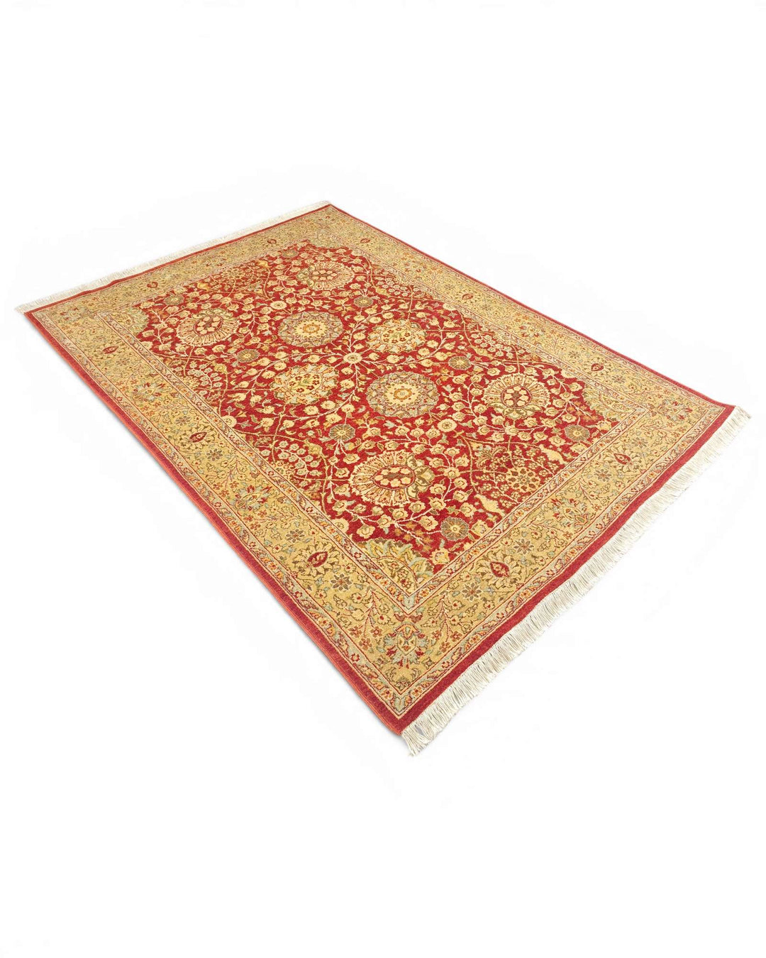 One-of-a-kind pomegranate red and gold Tabriz Pakistani rug