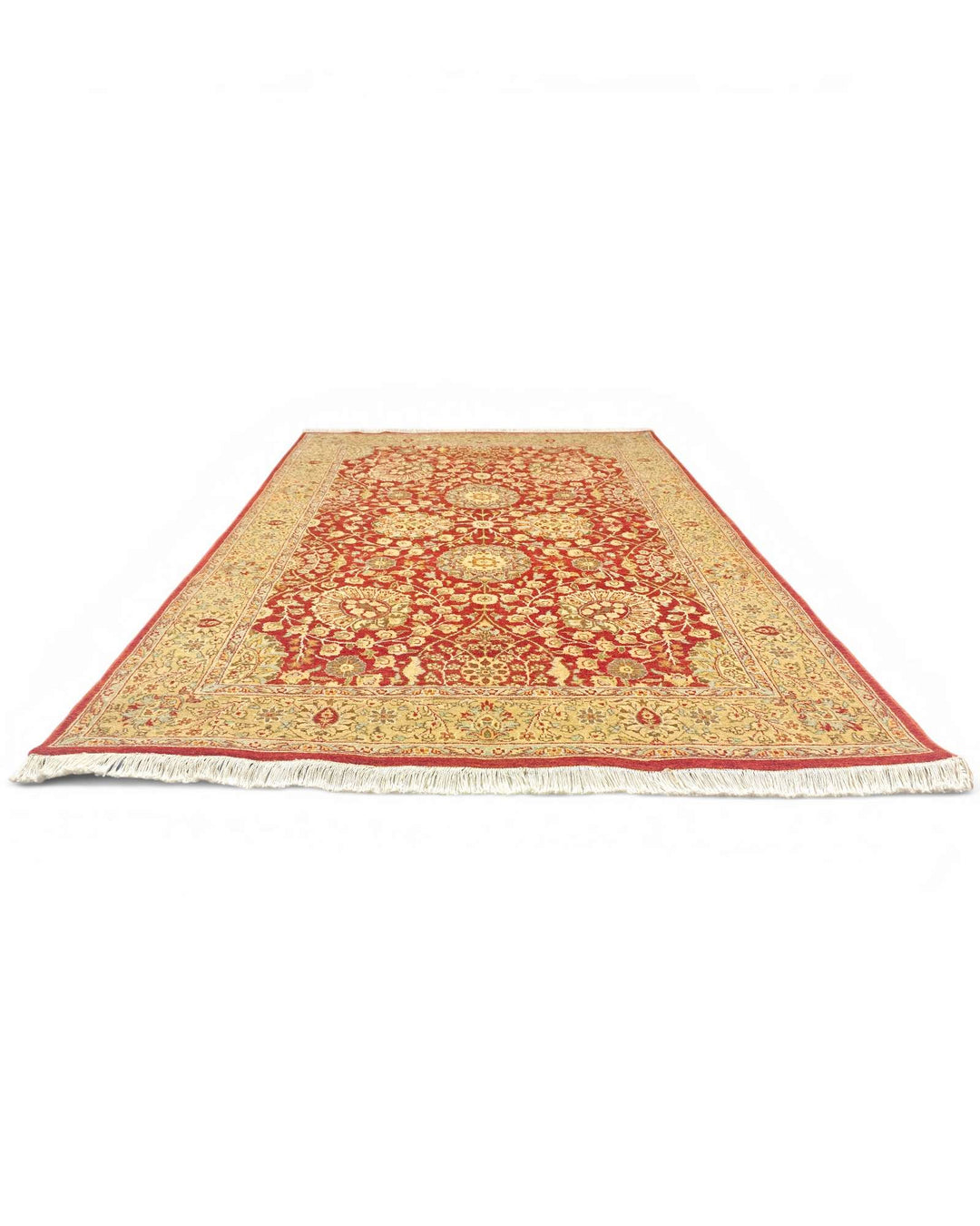 Hand-knotted pomegranate rug with gold Tabriz floral field