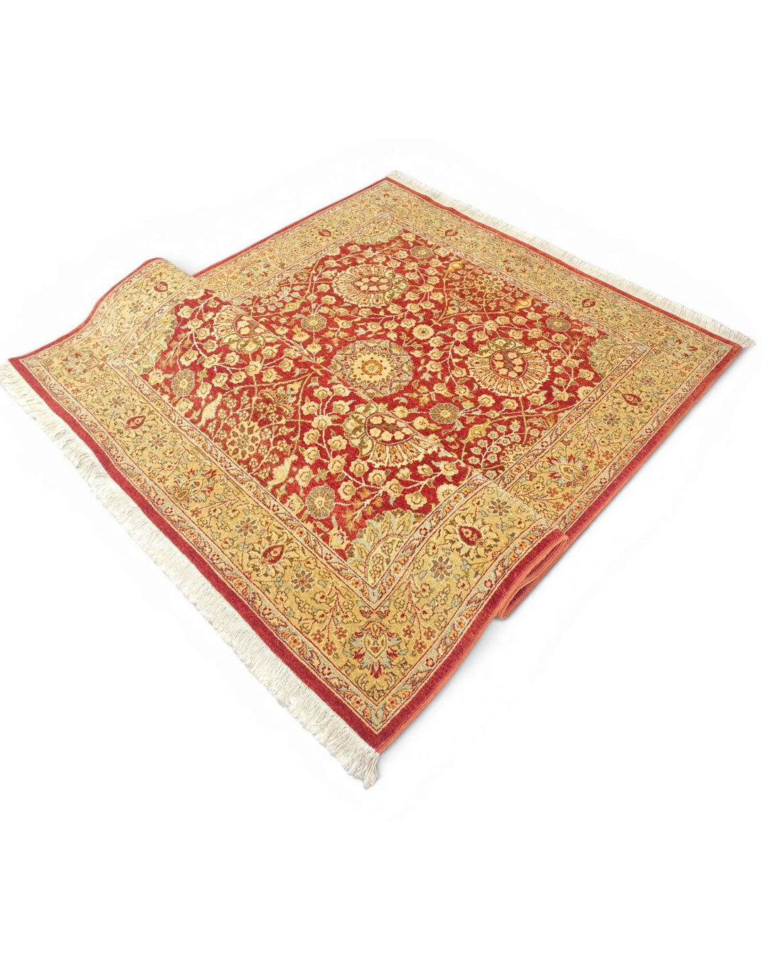 Fringe of pomegranate and gold Tabriz hand-knotted rug