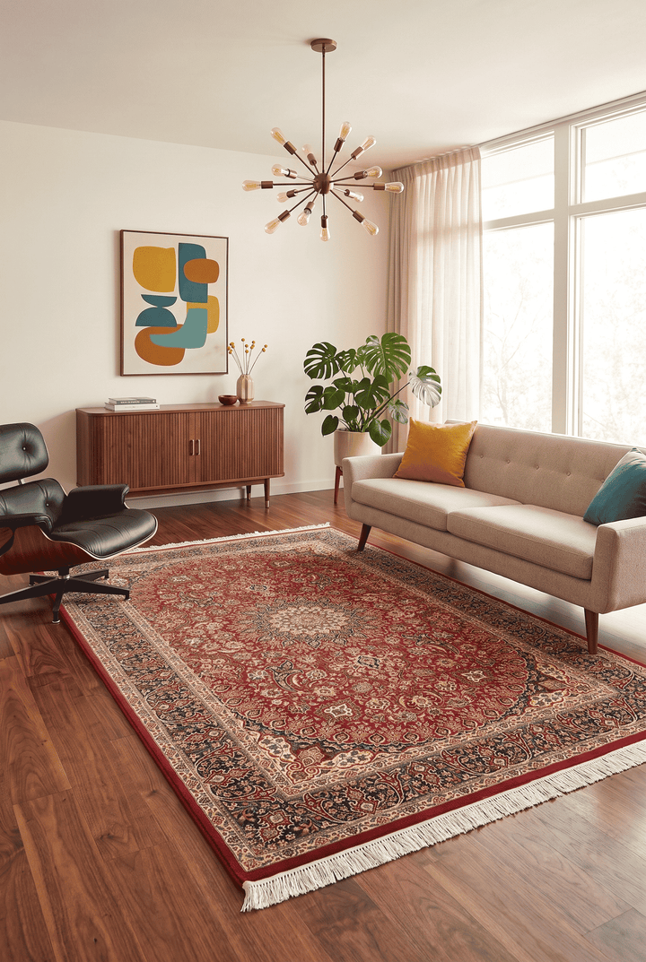 Border detail of garnet navy hand-knotted double-knot rug