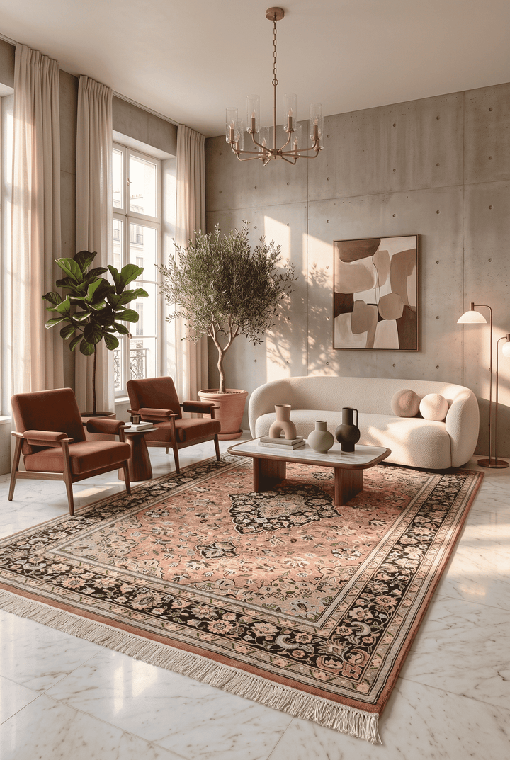 Border detail of rose Tabriz hand-knotted double-knot rug