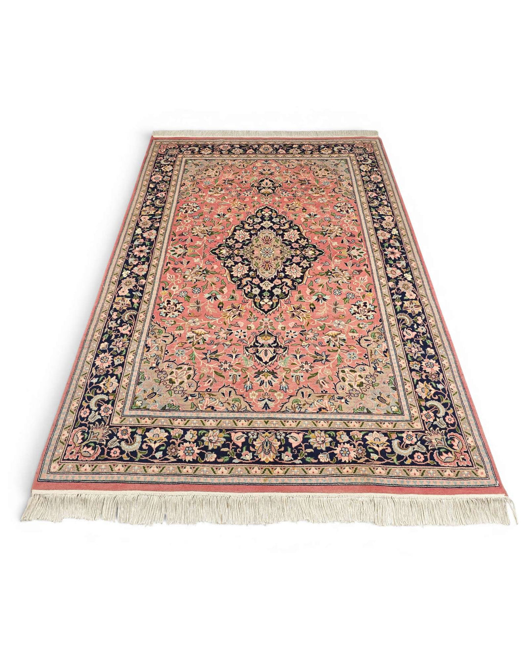 Hand-knotted wool pile of rose Tabriz rug
