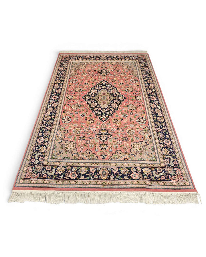 Hand-knotted wool pile of rose Tabriz rug
