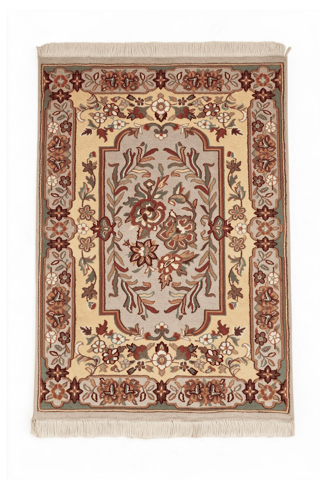 Butter gold and warm grey French floral panel rug, 62×96cm, entrance mat