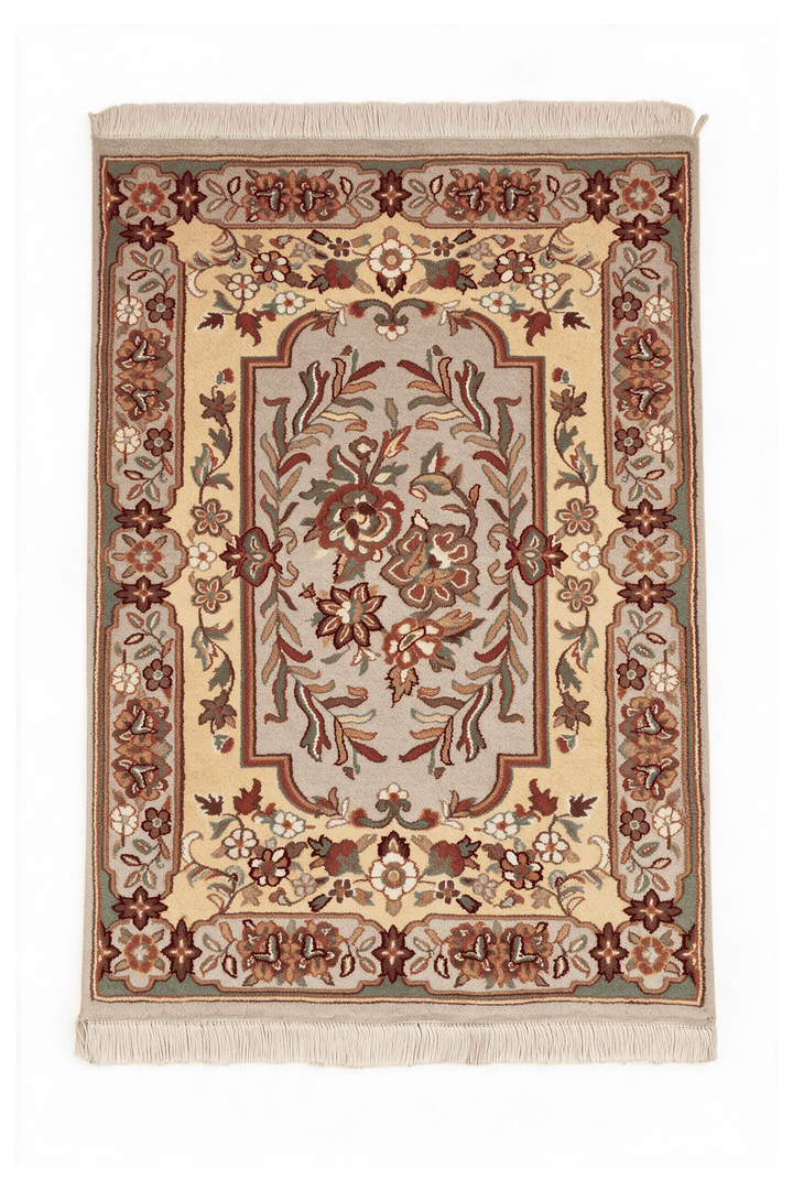 Butter gold and warm grey French floral panel rug, 62×96cm, entrance mat