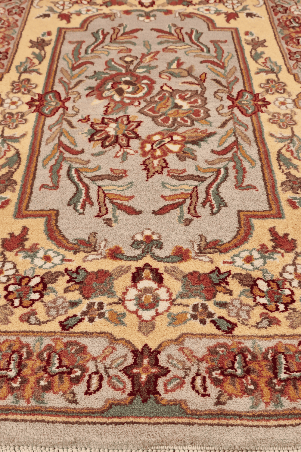 Aubusson style floral panel in butter gold and warm grey