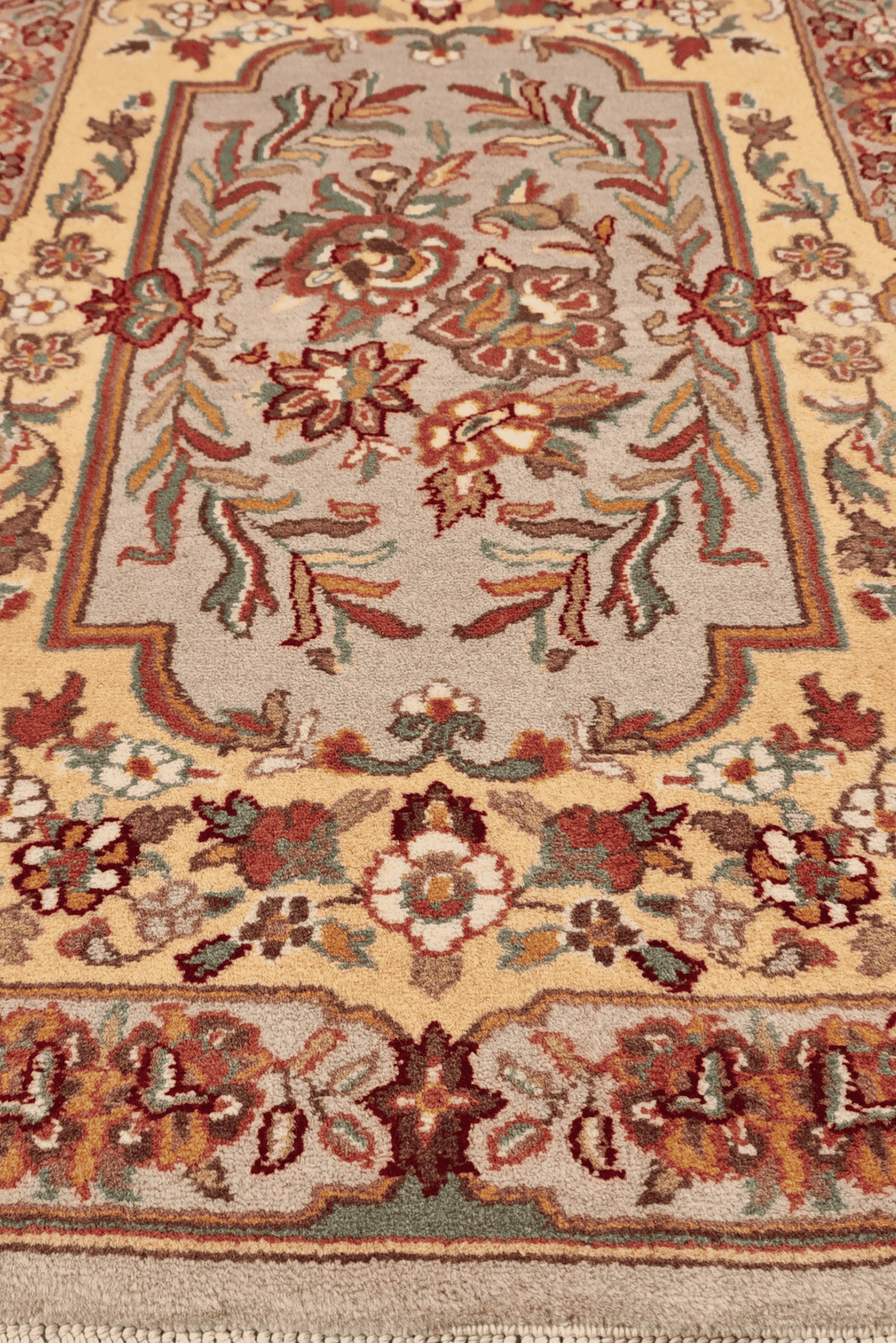 Aubusson style floral panel in butter gold and warm grey