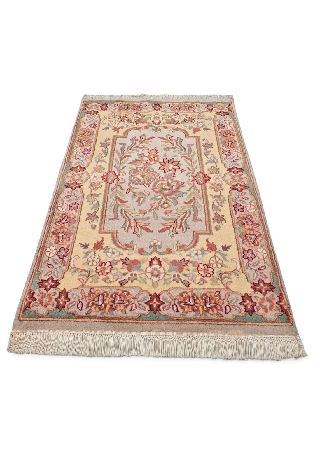 Hand-knotted wool pile of butter gold French floral rug, 62×96cm