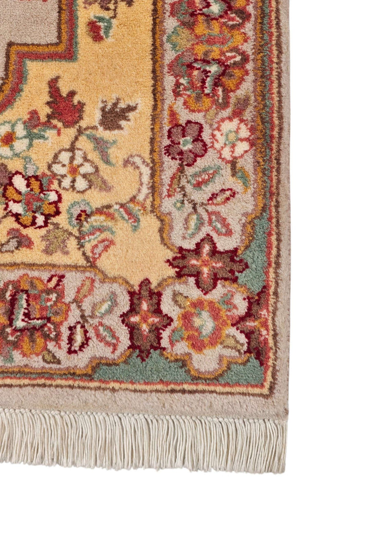 Hand-knotted butter gold rug with Savonnerie floral panel
