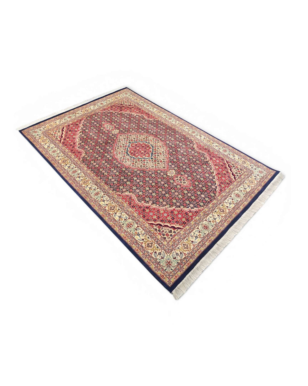 Fringe of rosewood mahi Tabriz hand-knotted rug
