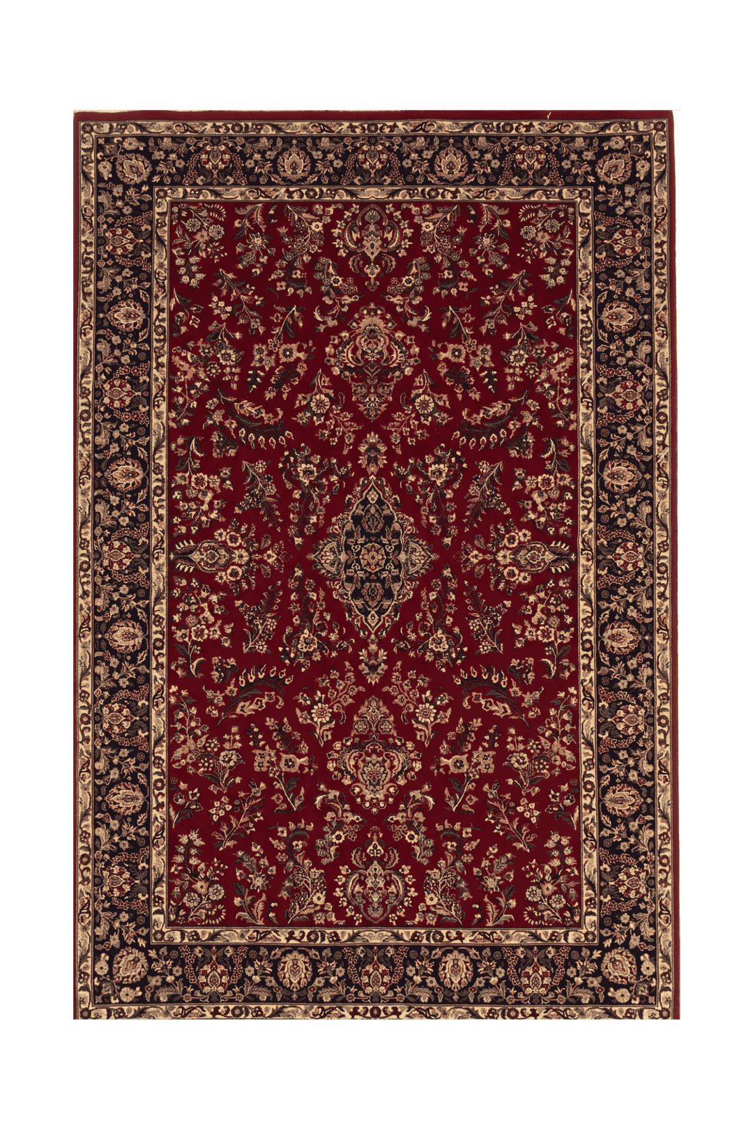 Wine and navy Tabriz floral rug, hand-knotted Pakistani wool