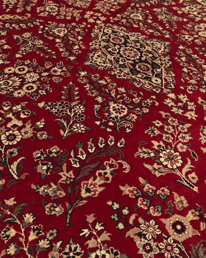 Wine and navy Tabriz rug, hand-knotted Pakistani wool