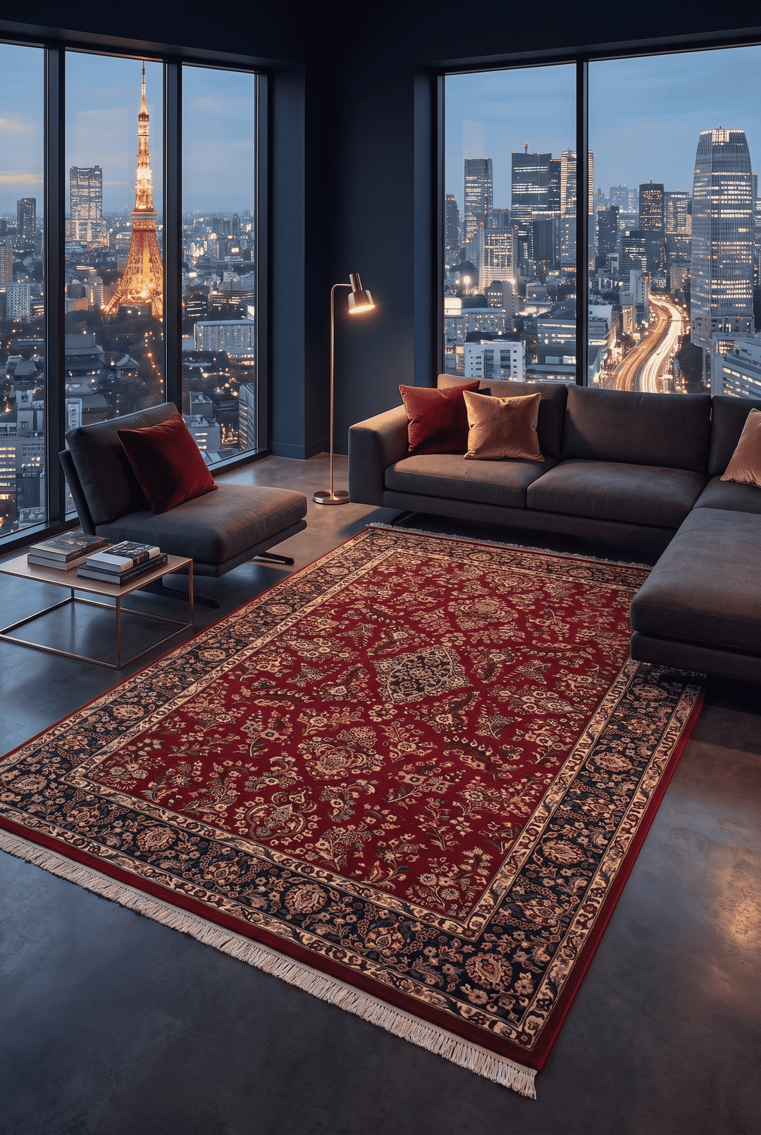 Border detail of wine navy hand-knotted double-knot rug