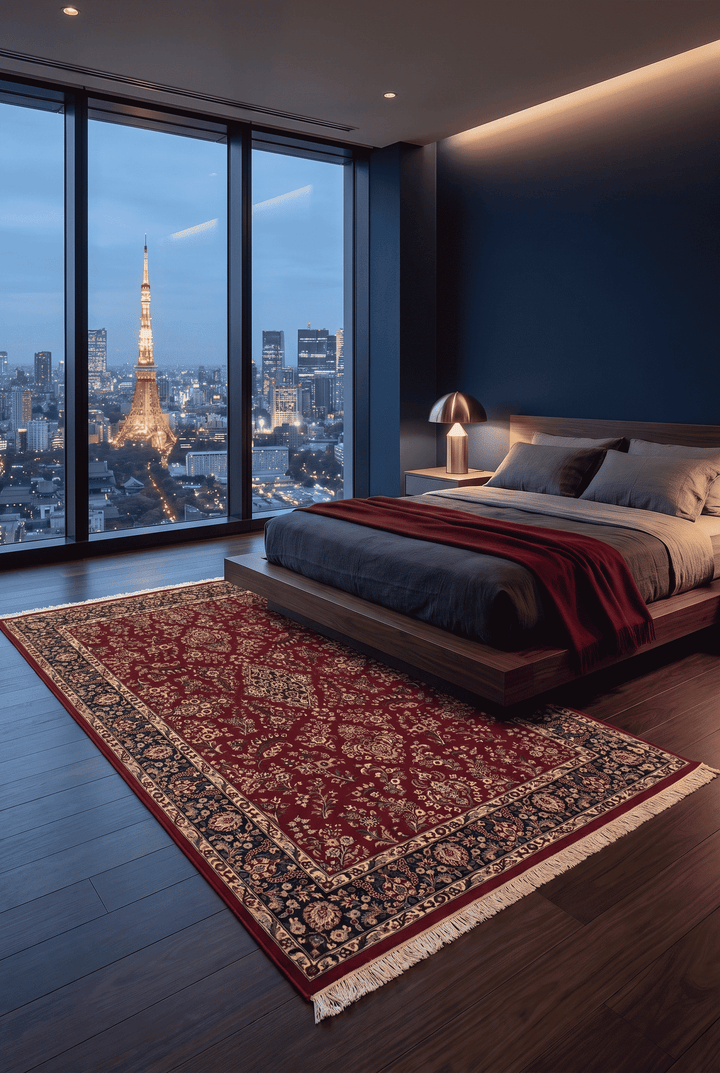 Hand-knotted wool pile of wine navy Tabriz rug