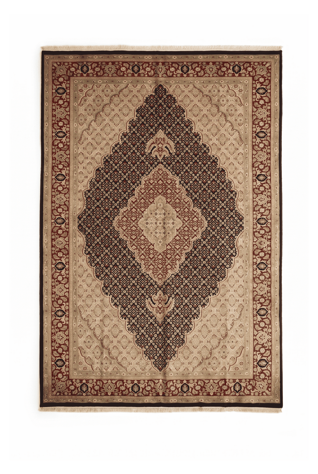 Navy and cream Tabriz mahi rug in wool and silk, 181×287cm, 3 tatami