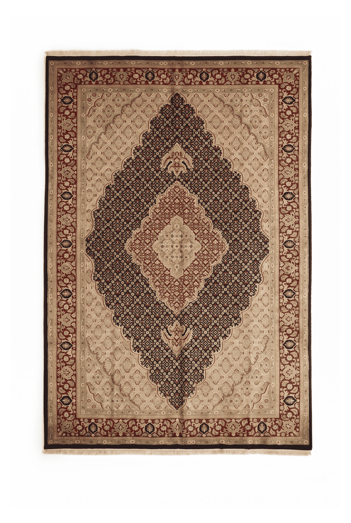 Navy and cream Tabriz mahi rug in wool and silk, 181×287cm, 3 tatami