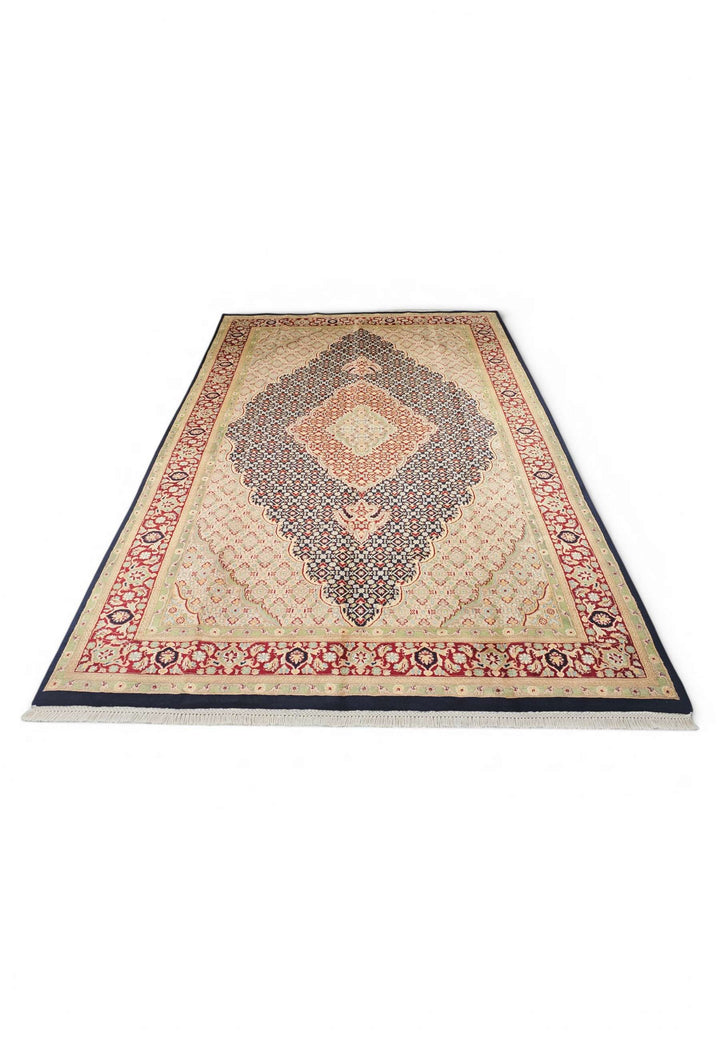 Wool and silk pile of navy Tabriz mahi rug, 181×287cm