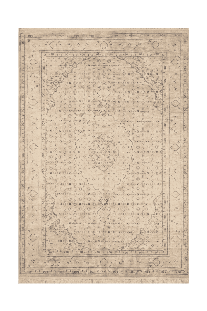 Champagne mahi medallion rug in hand-knotted pure silk