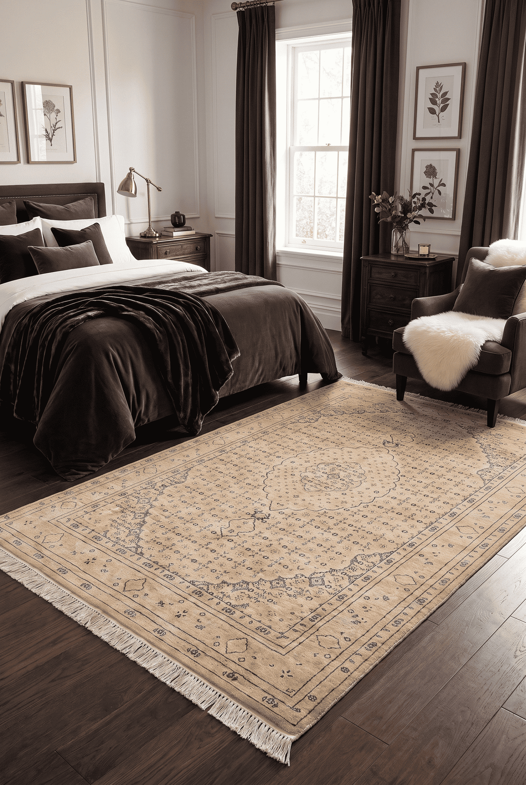 Border detail of champagne silk hand-knotted rug