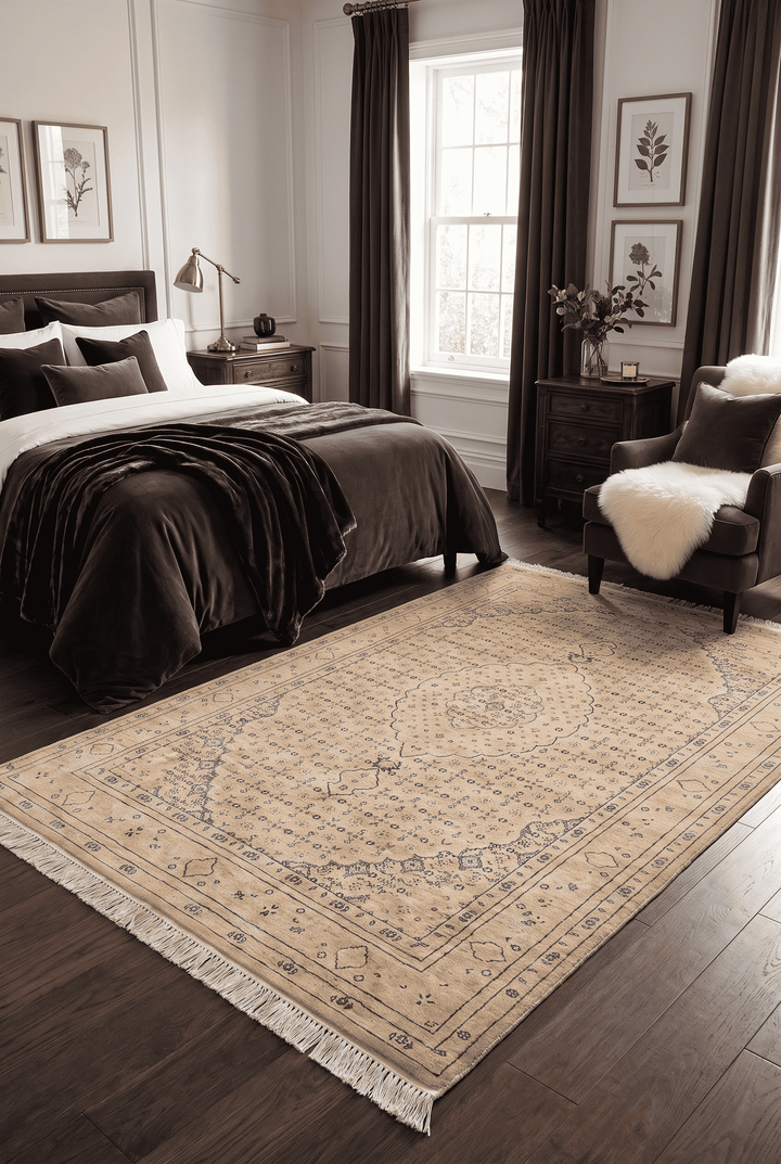 Border detail of champagne silk hand-knotted rug